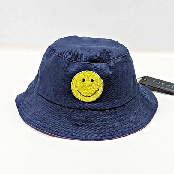Jocelyn Women's Sequined Smiley Patch Bucket Hat in Navy O/S (MSRP $65) - Picture 1 of 7